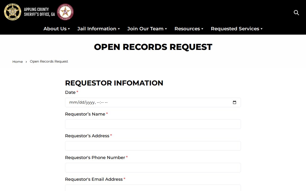 Appling County Sheriff official booking record and photograph records request page