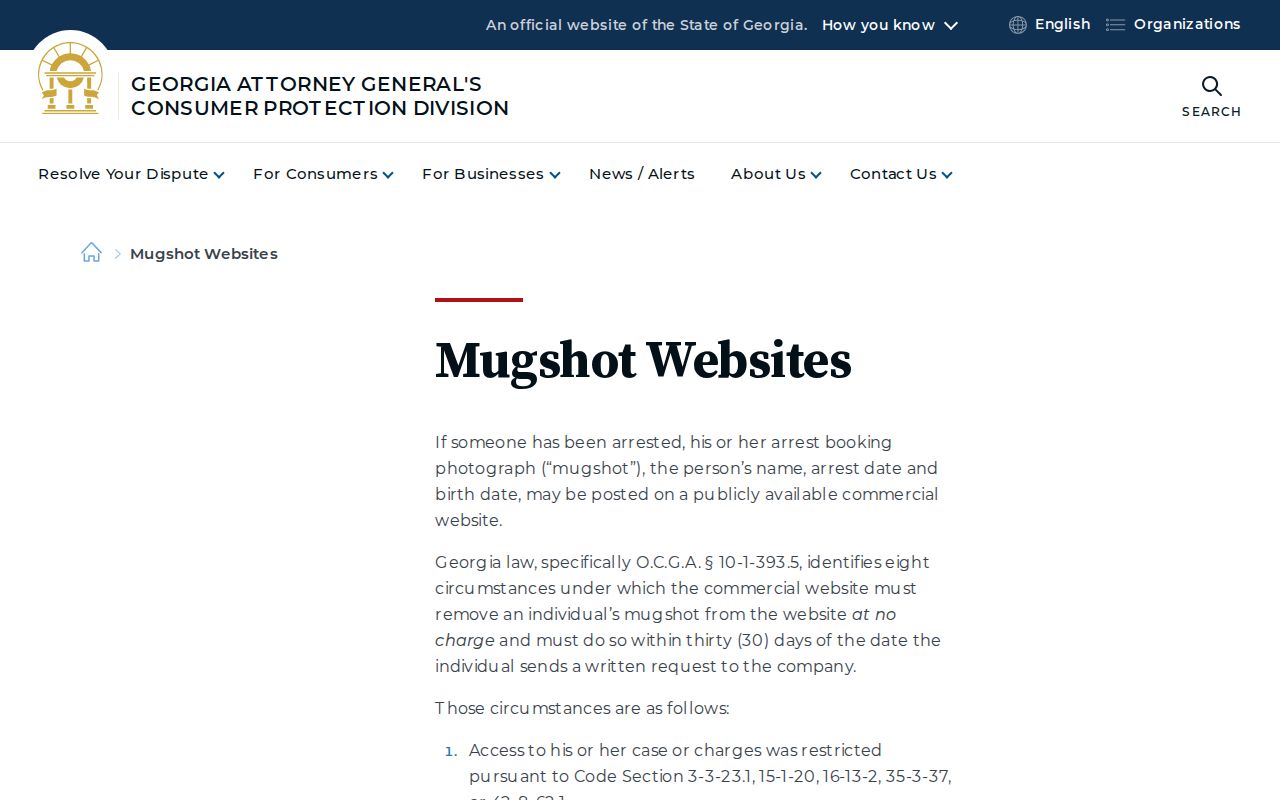 Appling County and Georgia mugshot website removal law information